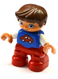 LEGO 47205pb031 Duplo Figure Lego Ville, Child Boy, Red Legs, Blue Top with Red Car Pattern, Reddish Brown Hair
