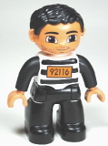 LEGO 47394pb168 Duplo Figure Lego Ville, Male, Black Legs, Black and White Striped Top with Number 92116, Black Hair (Prisoner)
